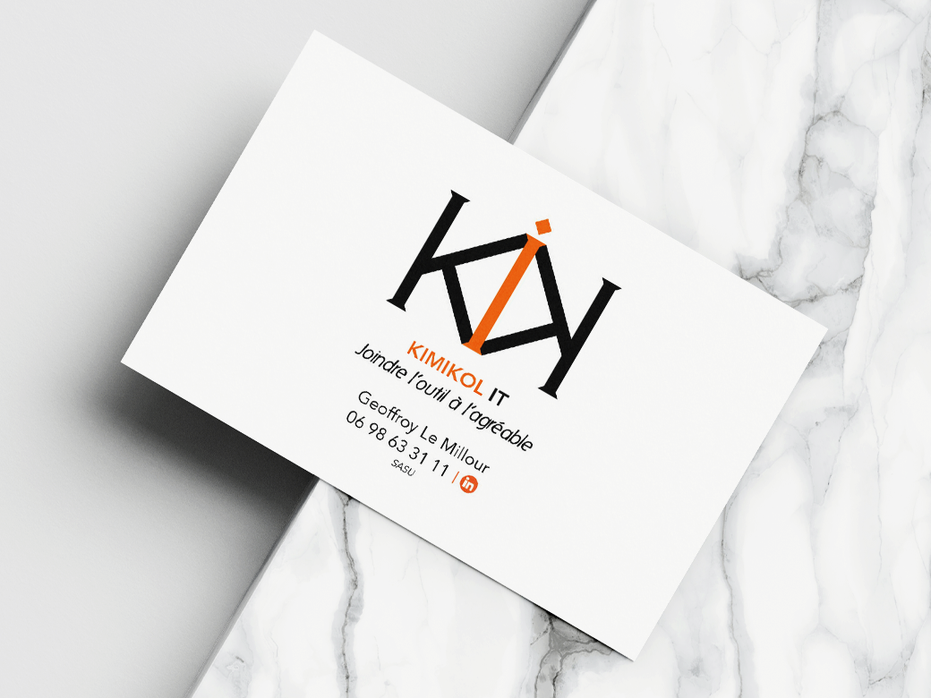 Face KIMIKOL IT de la carte de visite, logo orange et noir, accroche Joindre l'outil à l'agréable