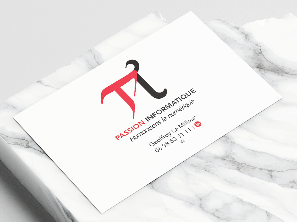 Face Passion Informatique de la carte de visite, logo rouge et noir, accroche Humanisons le numérique