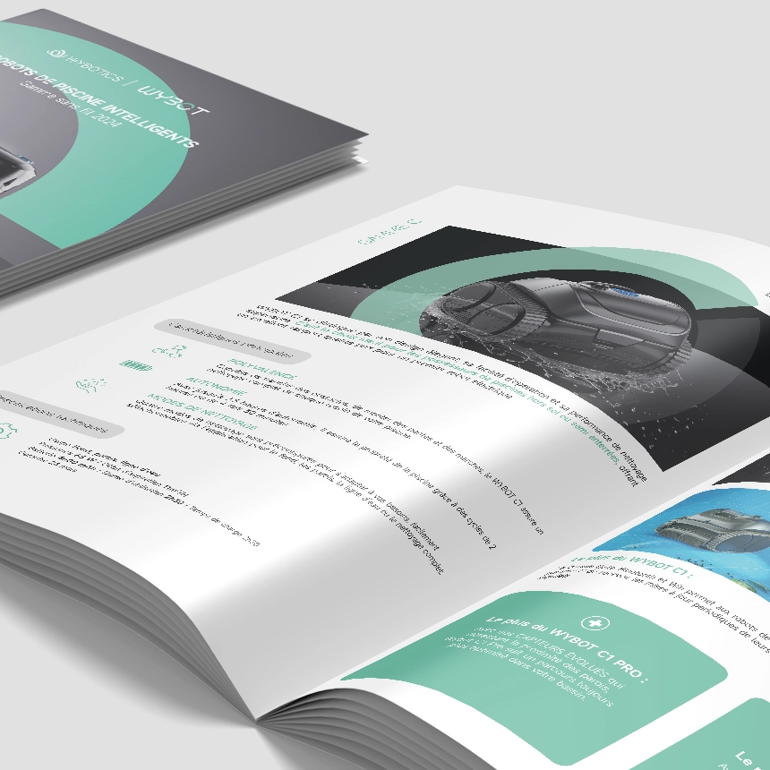 Mise en page catalogue — fiche produit robot de piscine Wybot