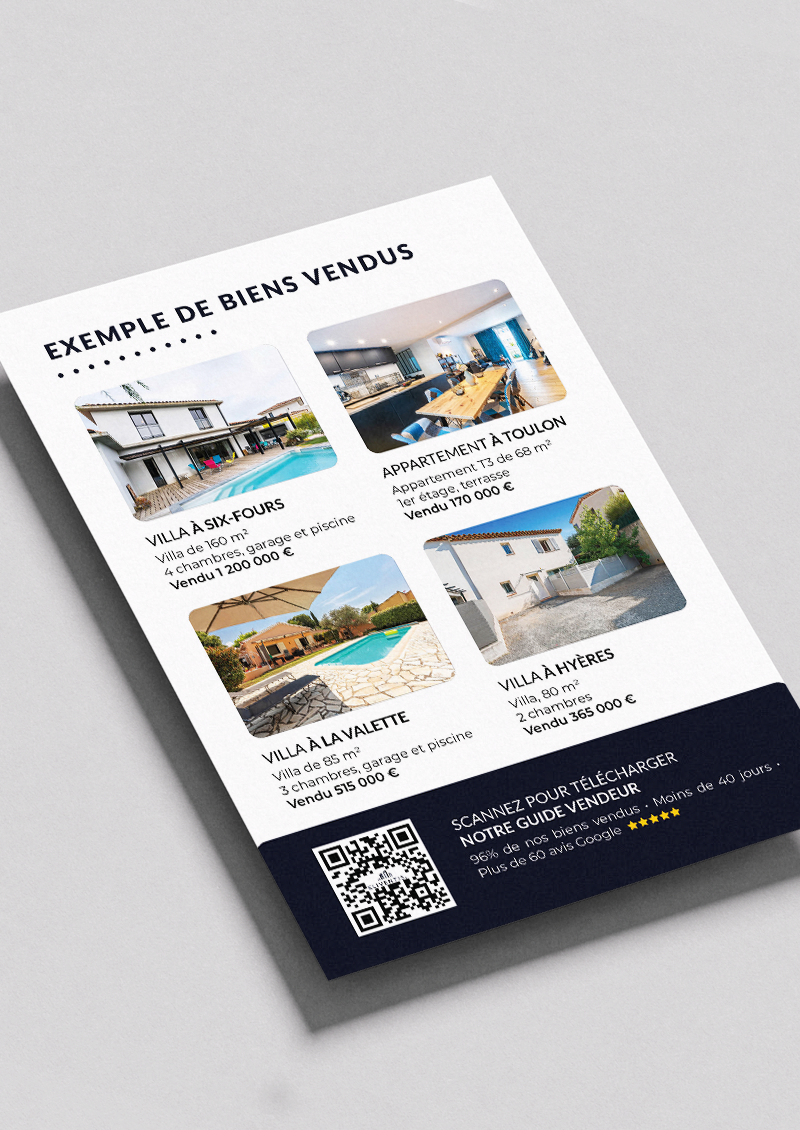 Verso du flyer Eliventis : quatre biens vendus dans le Var avec leur prix et un QR code vers le guide vendeur